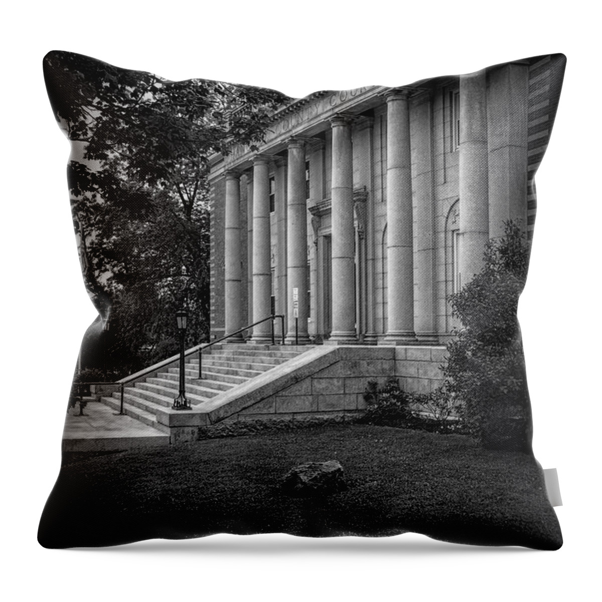 Joan Carroll Throw Pillow featuring the photograph Hancock County Courthouse Maine BW by Joan Carroll