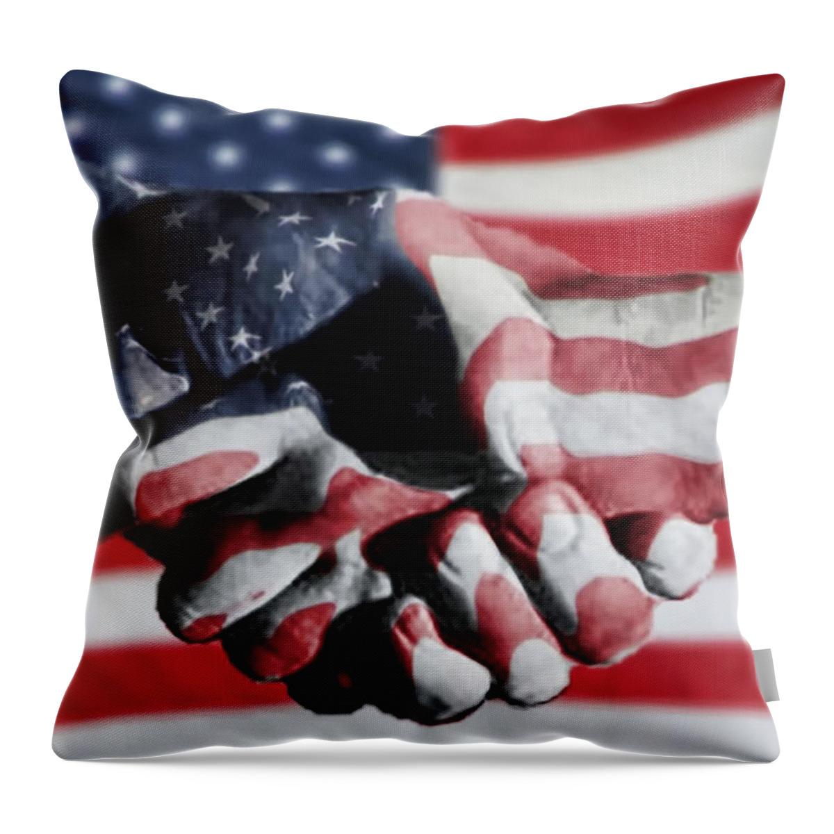 People Throw Pillow featuring the photograph Handshake Melded With American Flag by Sherry H. Bowen Photography