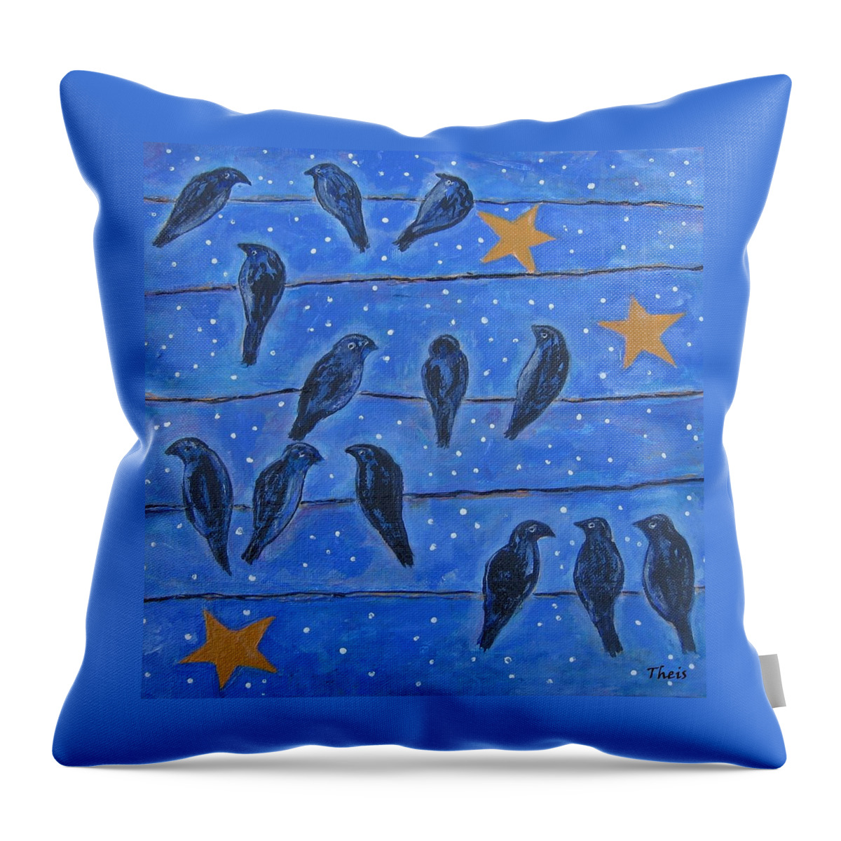 Black Birds Throw Pillow featuring the painting Hanging Out at Night by Suzanne Theis
