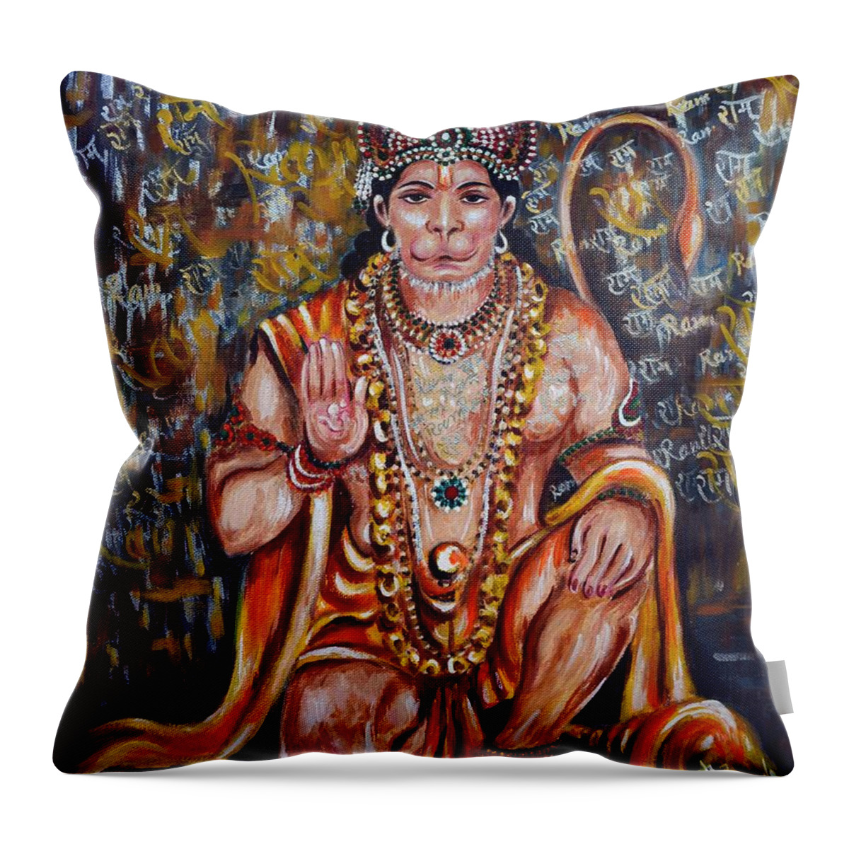 Hanuman Throw Pillow featuring the painting Hanuman by Harsh Malik