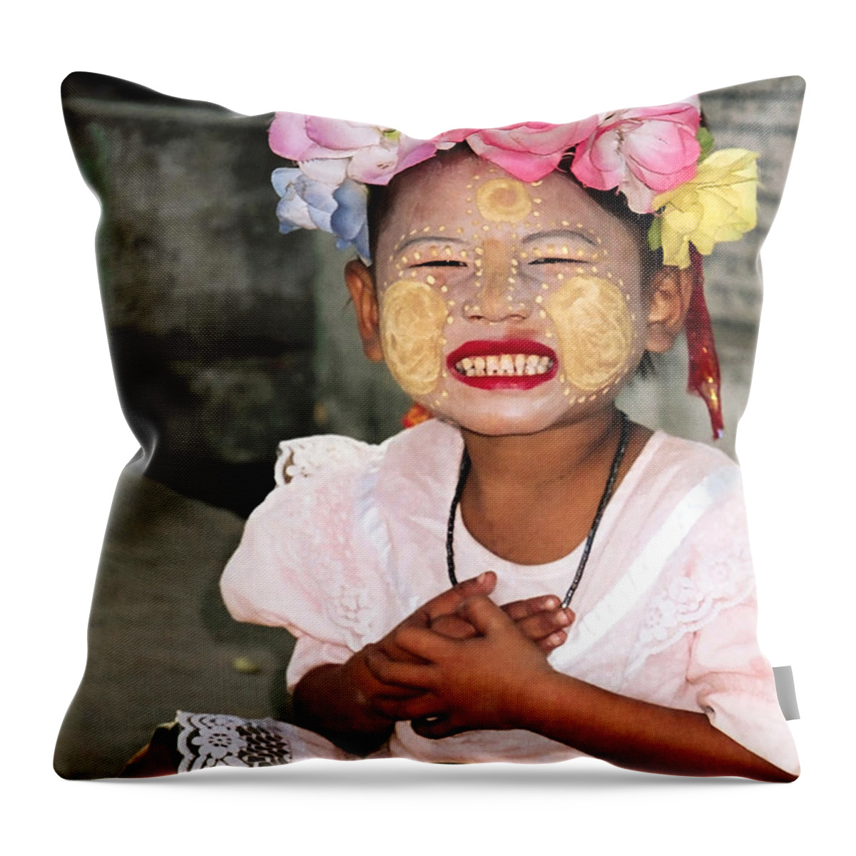 Cambodian Throw Pillow featuring the photograph Happy Face Girl.Cambodia by Jennie Breeze
