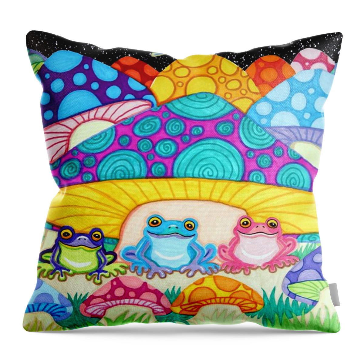 Frog Throw Pillow featuring the drawing Happy Frogs in the Starlight by Nick Gustafson