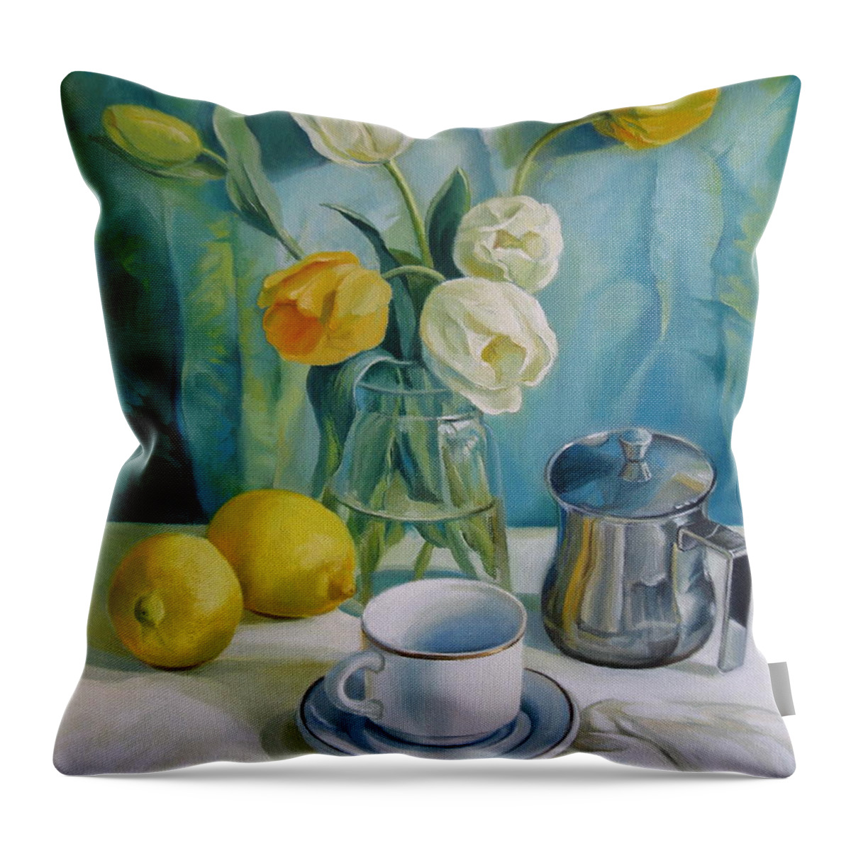 Still Life Throw Pillow featuring the painting Happy morning by Elena Oleniuc