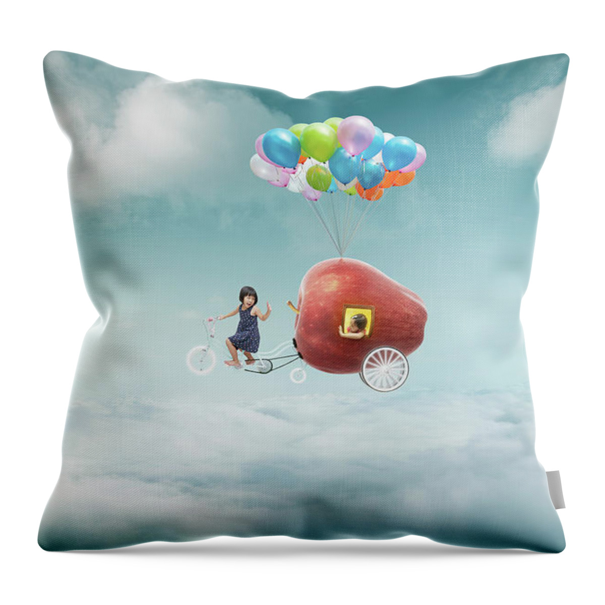 Child Throw Pillow featuring the photograph Happy Sister Enjoy With Fantasy Apple by Jamesteohart
