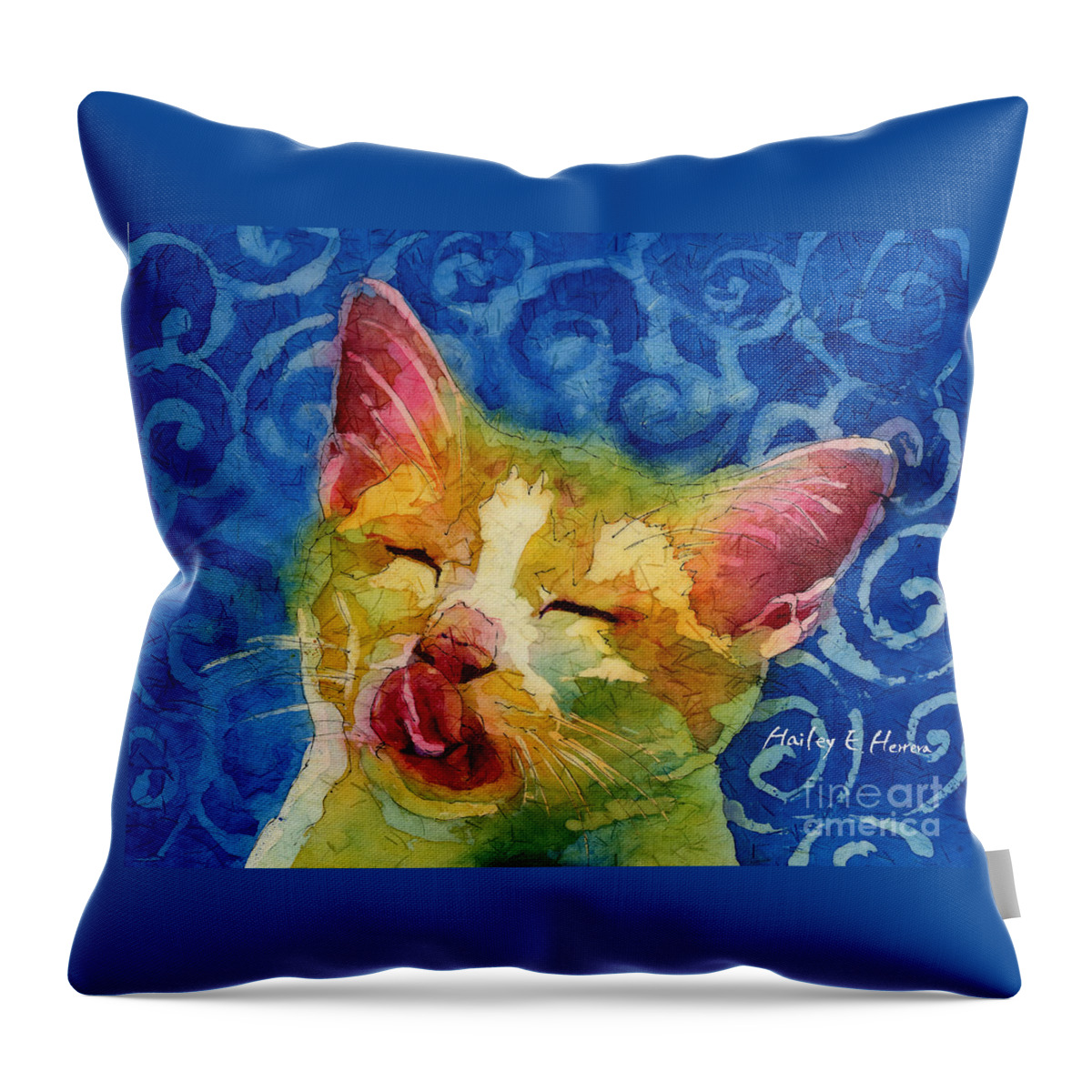 Cat Throw Pillow featuring the painting Happy Sunbathing by Hailey E Herrera