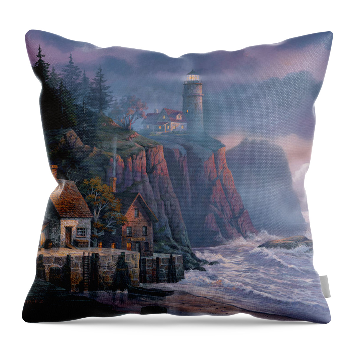 #faatoppicks Throw Pillow featuring the painting Harbor Light Hideaway by Michael Humphries