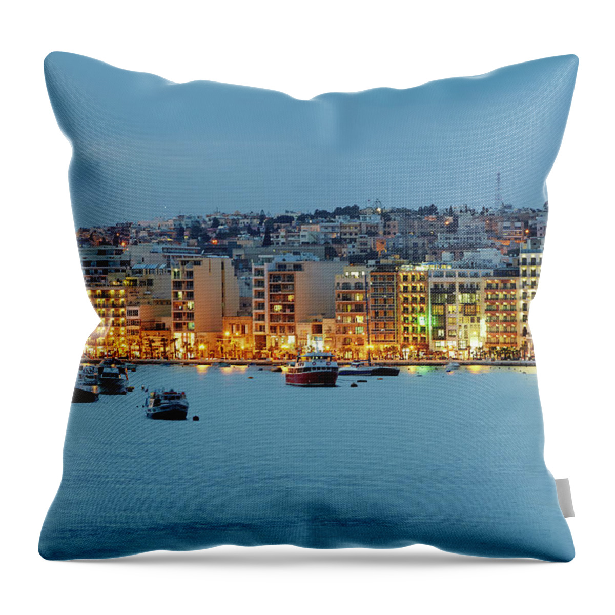 Hotel Throw Pillow featuring the photograph Harbourside Of Sliema Illuminated At by Allan Baxter