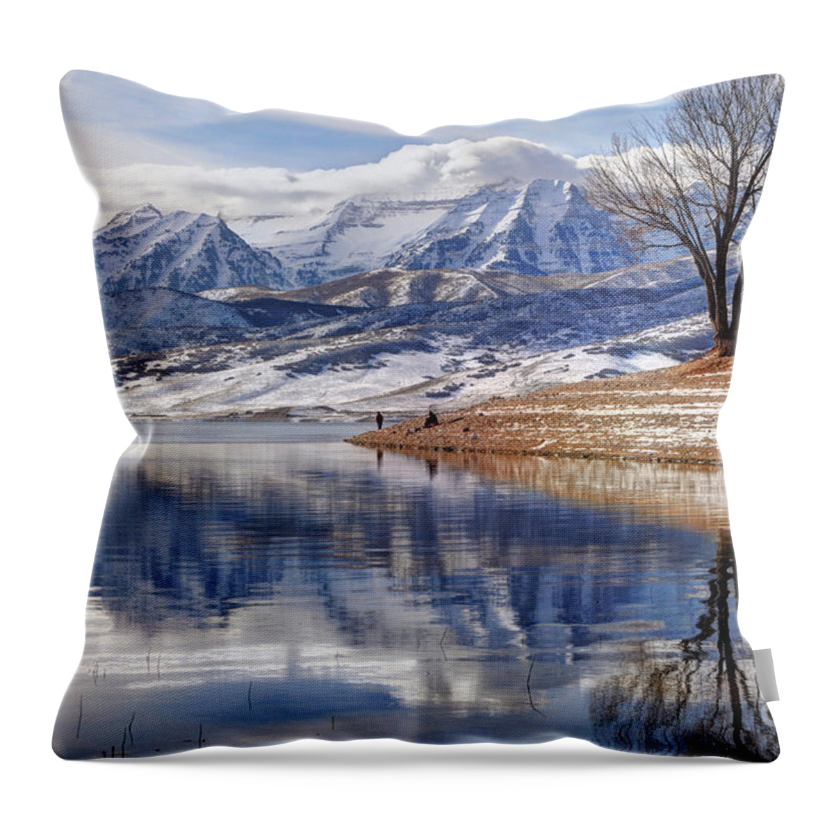 Mount Timpanogos Throw Pillow featuring the photograph Hardy Fishermen Deer Creek Reservoir and Timpanogos in Winter by Gary Whitton