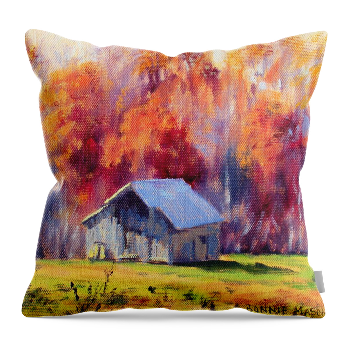 Bonnie Mason Throw Pillow featuring the painting Hardy Road Barn- In Autumn by Bonnie Mason