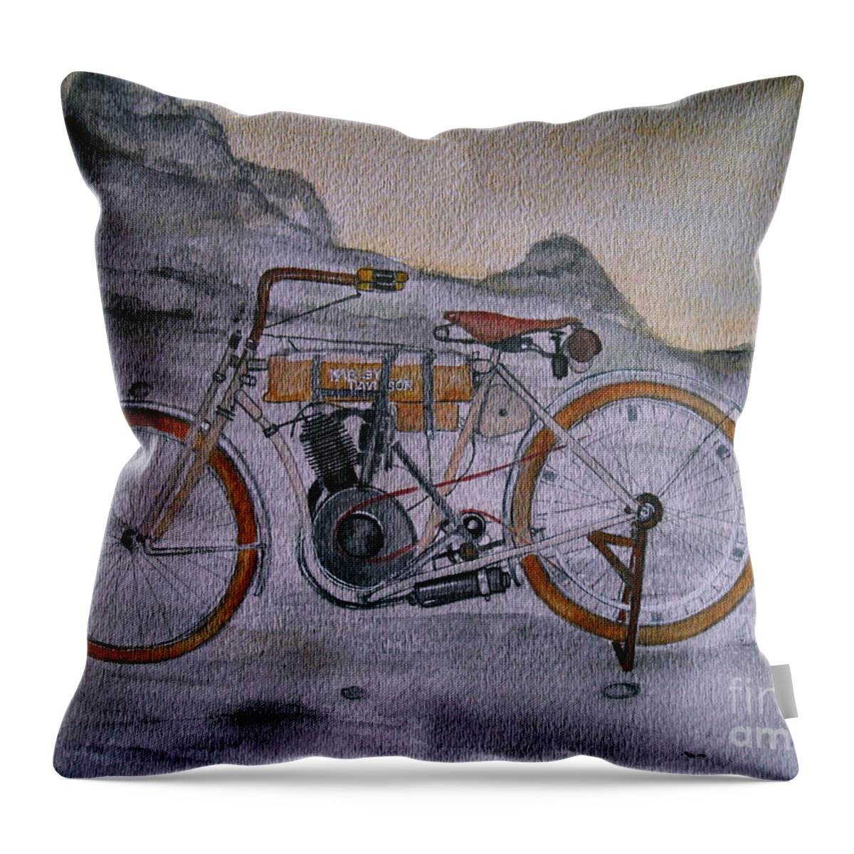 Motor Throw Pillow featuring the painting Harley Davidson 1907 Bike by Pristine Cartera Turkus