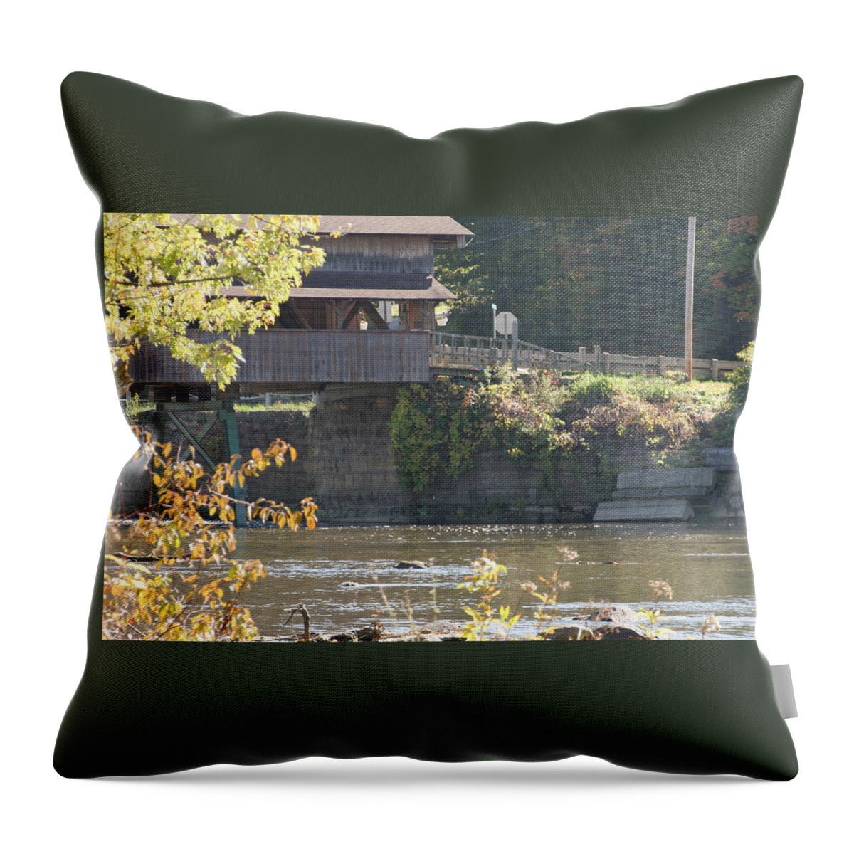 Covered Bridge Throw Pillow featuring the photograph Harpersfield Covered Bridge by Valerie Collins