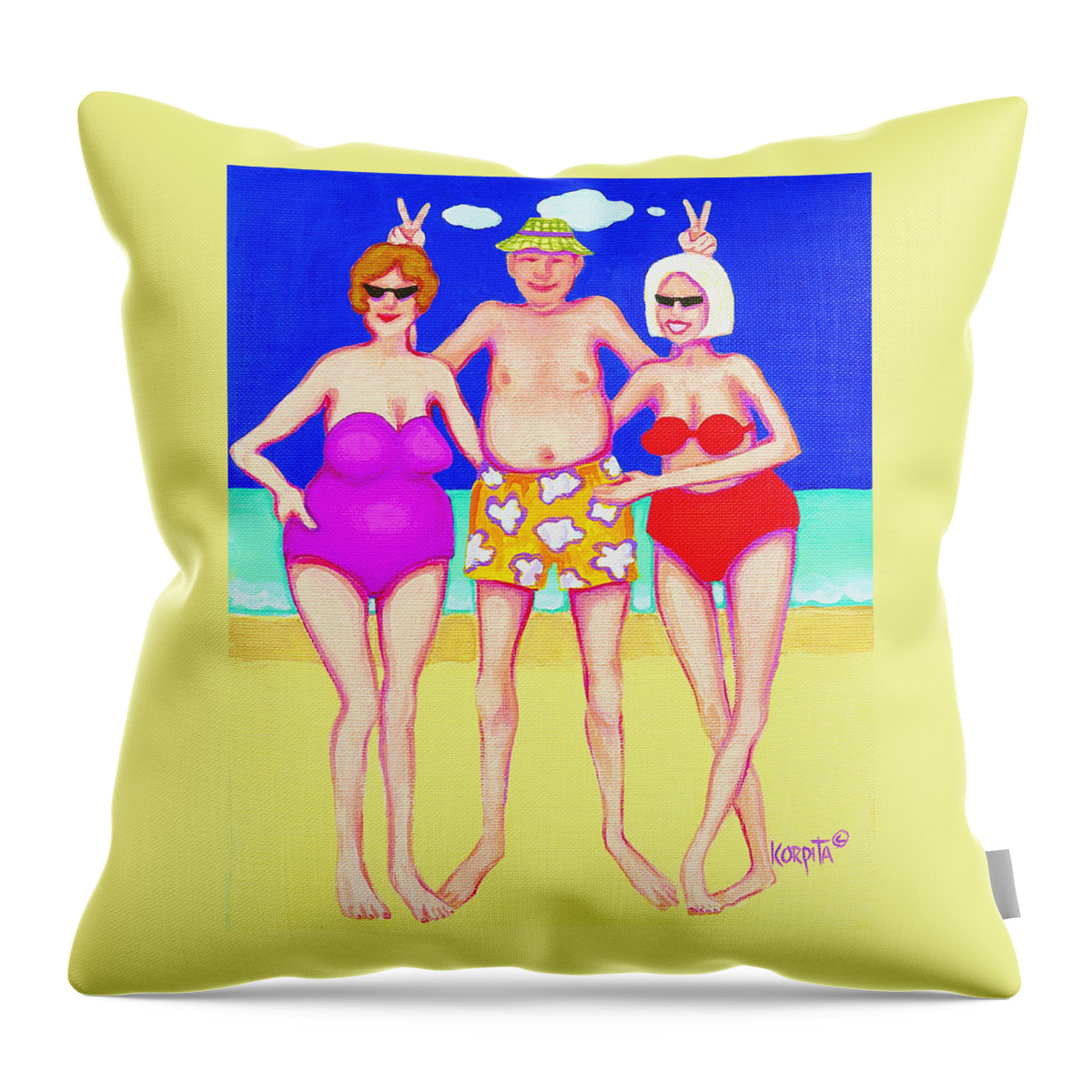 Funny Beach Throw Pillow featuring the painting Funny Beach Women Man by Rebecca Korpita