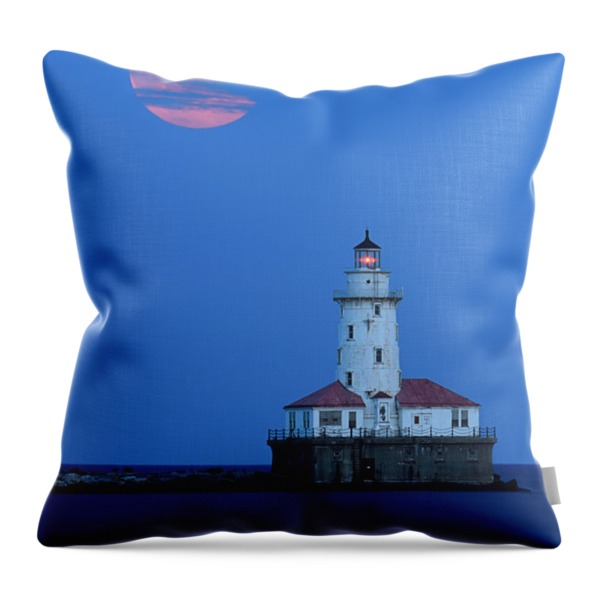 Lake Michigan Throw Pillow featuring the photograph Harvest Moon Over Chicago Harbor by Katherine Gendreau Photography