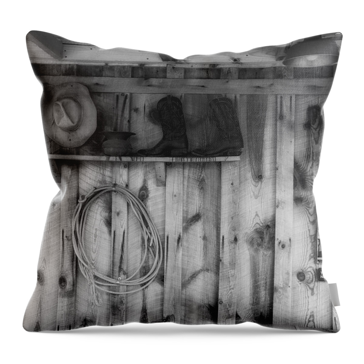 Black & White Throw Pillow featuring the photograph Hat Boots and Lariat by Ron White