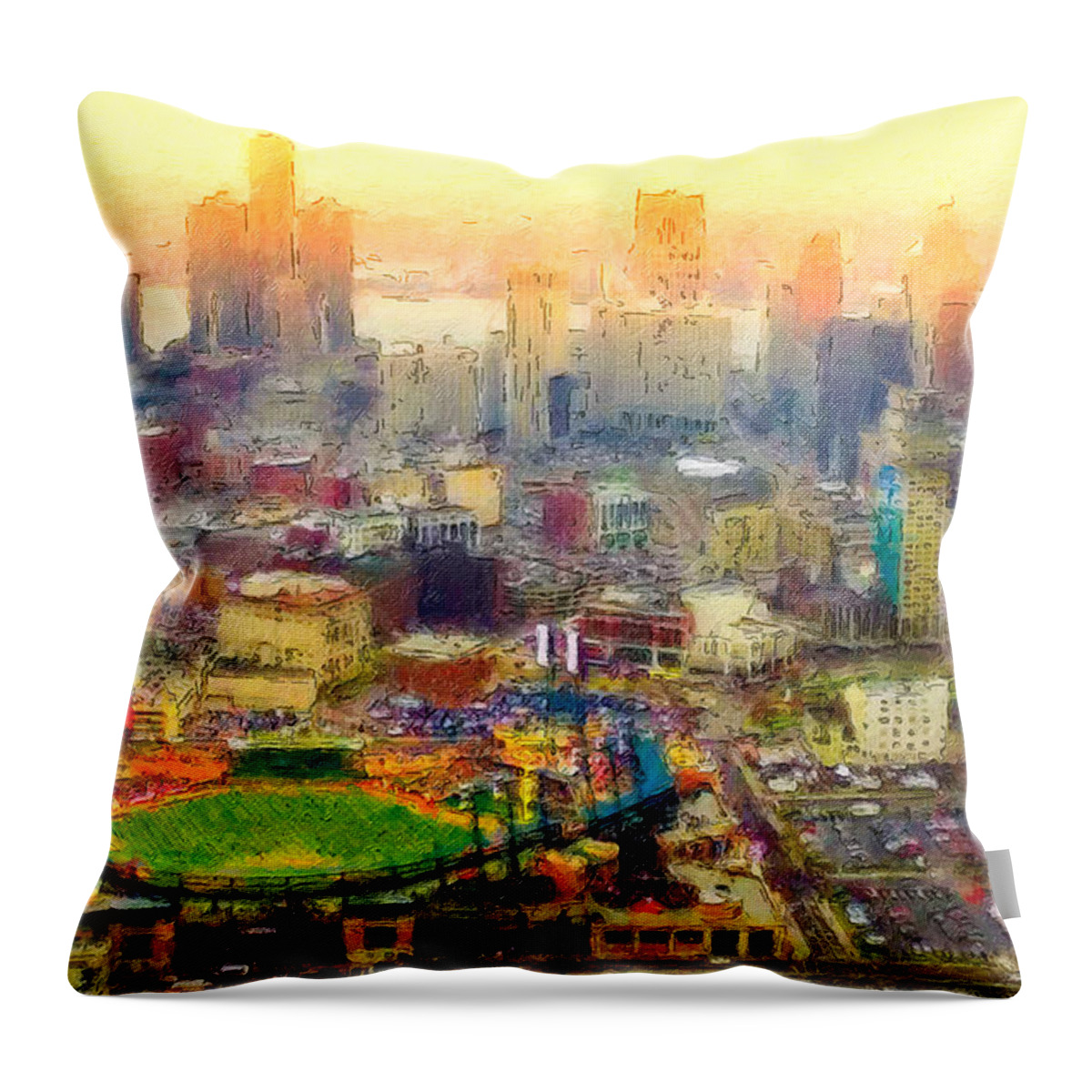 Comerica Throw Pillow featuring the painting Haze Over Comerica by John Farr