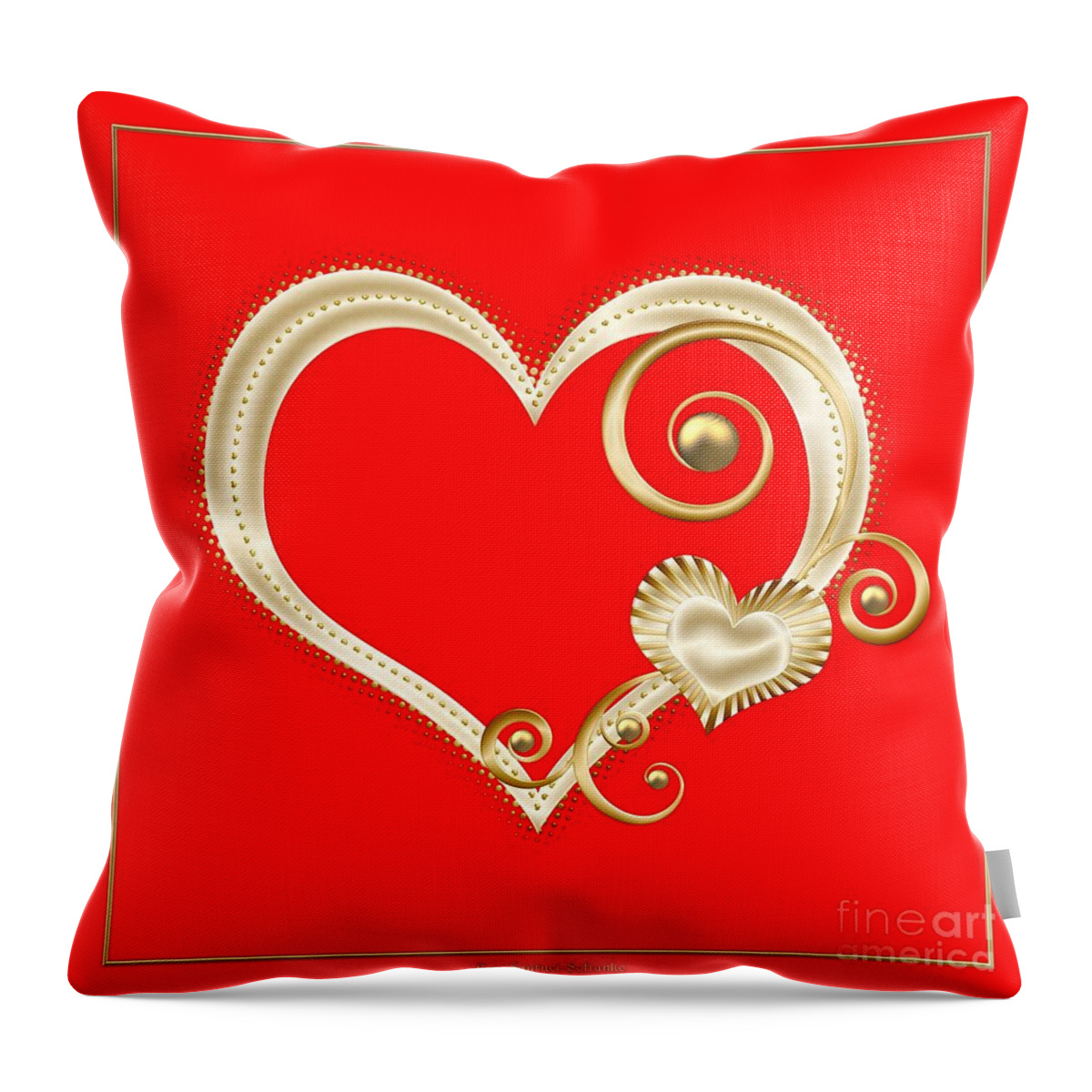 Golden Heart Throw Pillow featuring the digital art Hearts in Gold and Ivory on Red by Rose Santuci-Sofranko