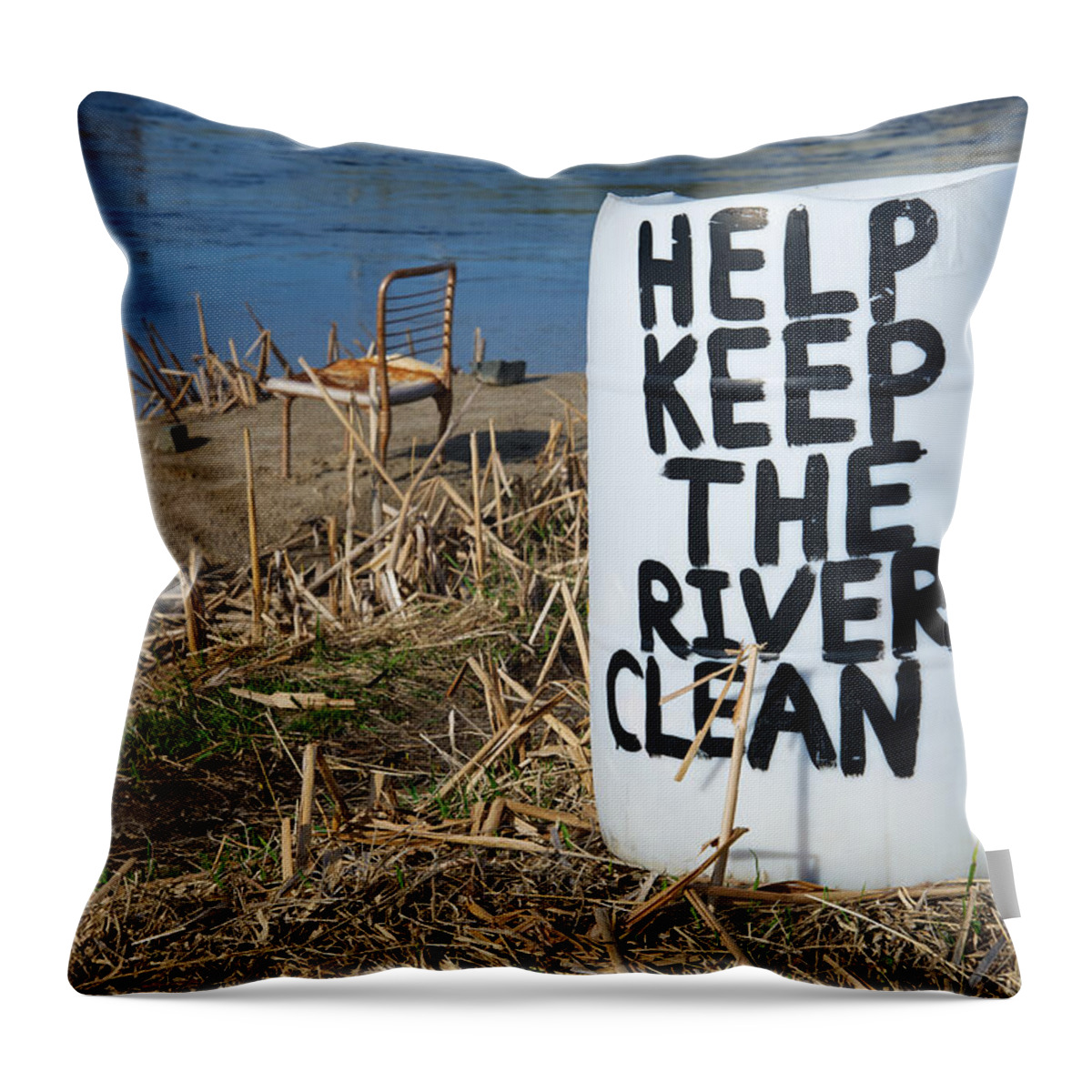 Landscapes Throw Pillow featuring the photograph Help Keep the River Clean by Mary Lee Dereske