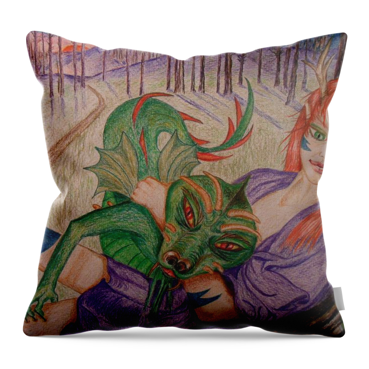 Dragon Throw Pillow featuring the drawing Her Dragon by Carrie Skinner