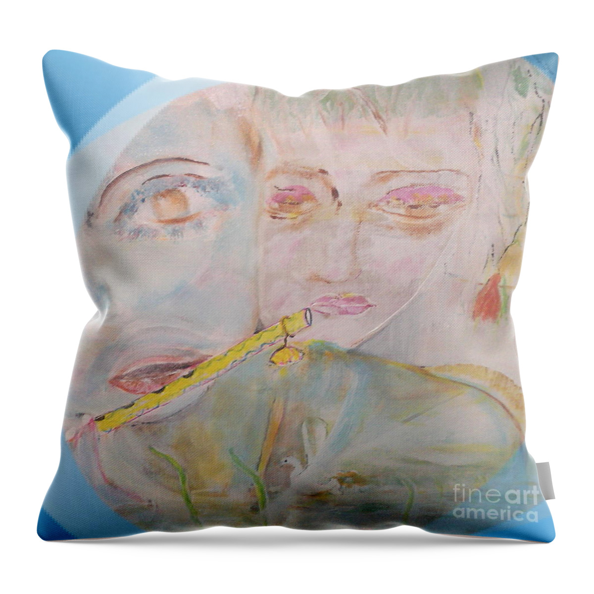 Romantic Throw Pillow featuring the painting Her flute player by Subrata Bose