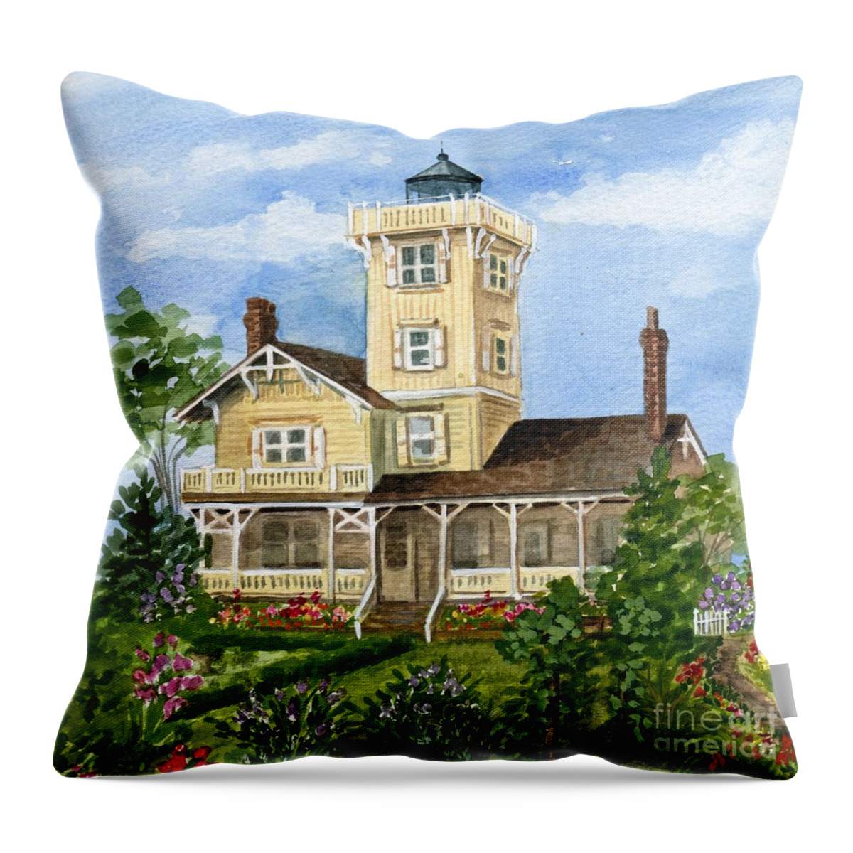 Hereford Inlet Lighthouse Throw Pillow featuring the painting Hereford Inlet Lighthouse and Gardens 2 by Nancy Patterson