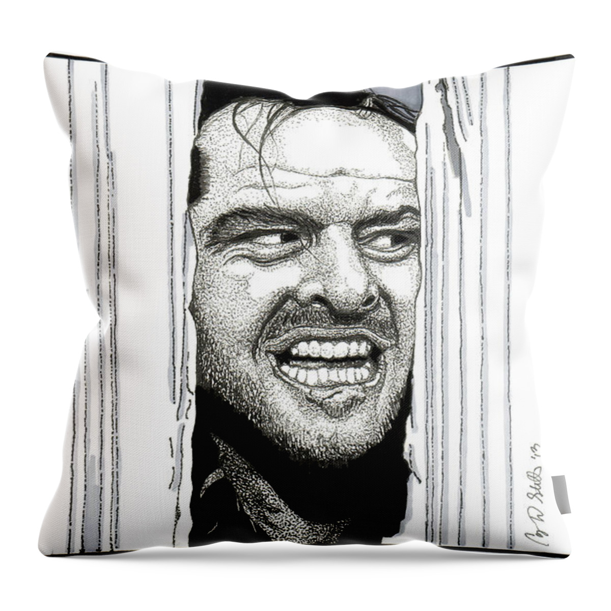 Jack Nicholson Throw Pillow featuring the drawing Here's Johnny by Cory Still