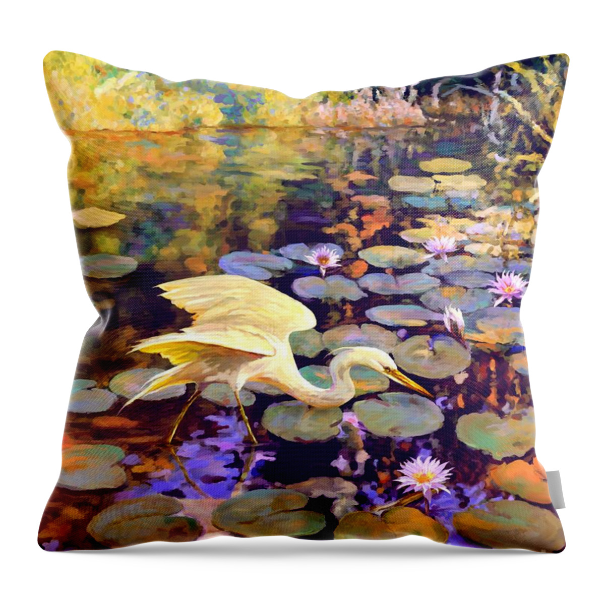Water Bird Throw Pillow featuring the painting Heron in Lily Pond by David Van Hulst