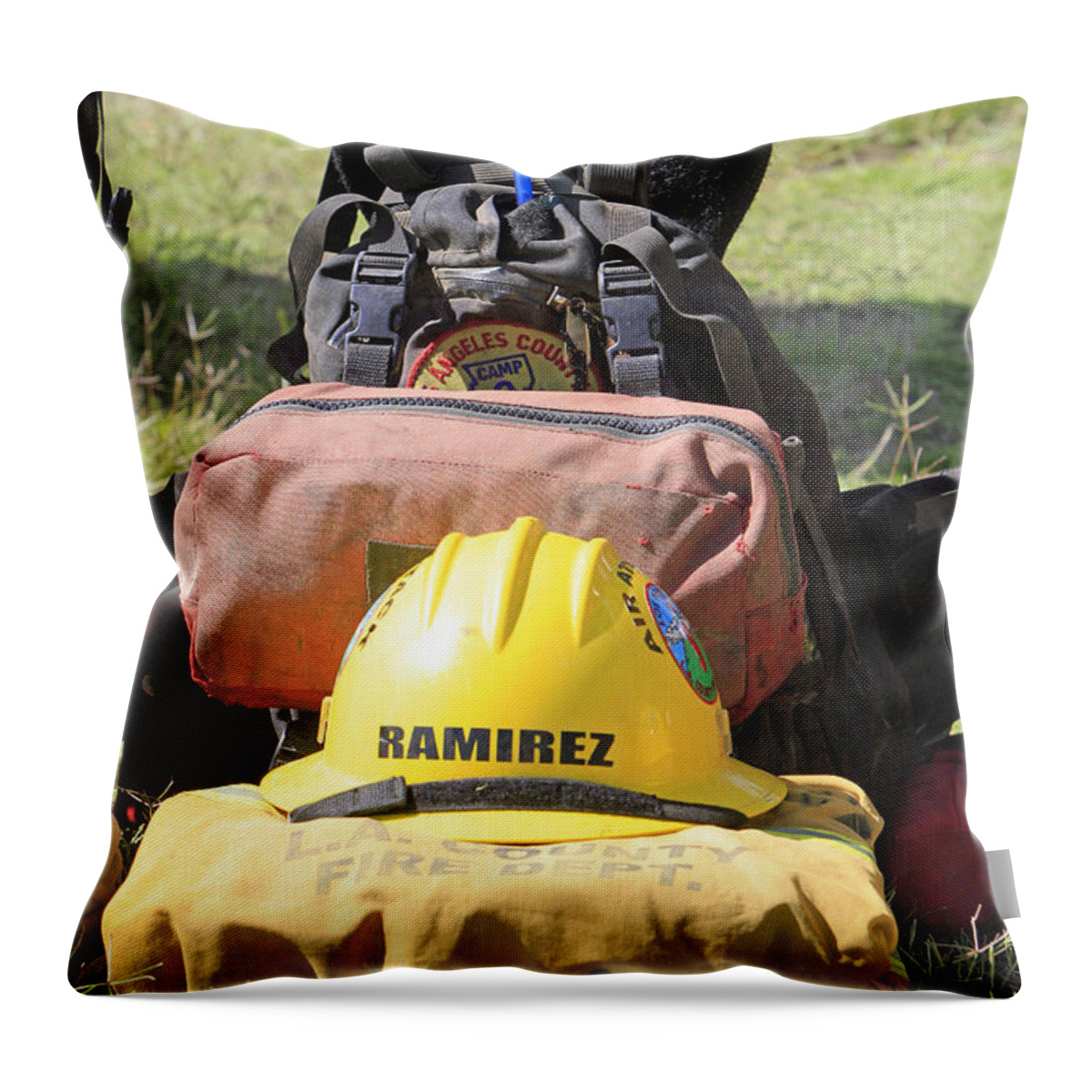 Lafd Throw Pillow featuring the photograph Hero's Gear by Shoal Hollingsworth