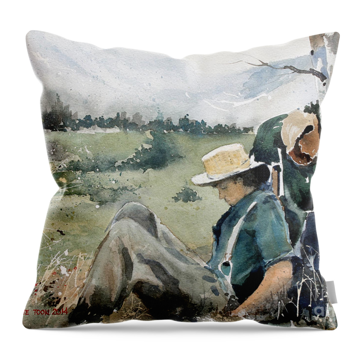 A Young Backpacker Takes A Brief Nap During His Trek Through The Rocky Mountains. Throw Pillow featuring the painting High Country Rest Stop by Monte Toon