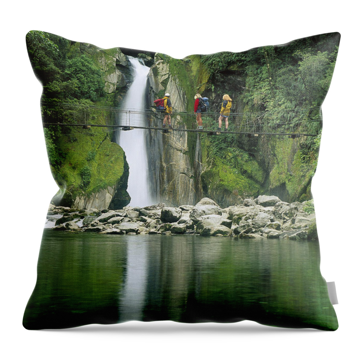 Feb0514 Throw Pillow featuring the photograph Hikers On Bridge Giants Gates Falls by Colin Monteath