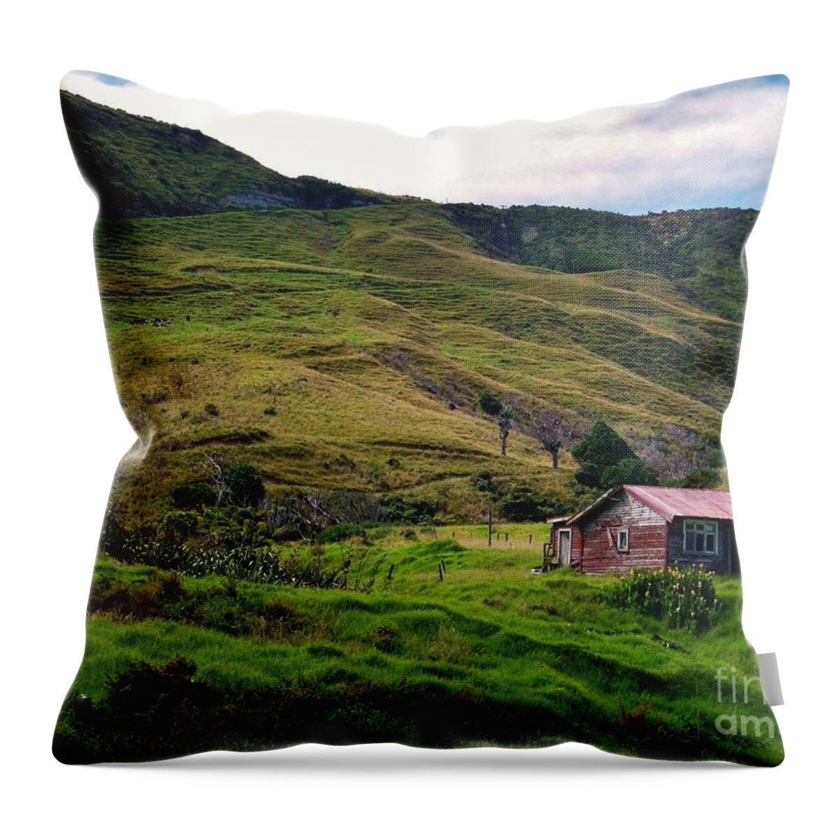 Green Hillside Throw Pillow featuring the photograph Hillside Cabin by Michele Penner