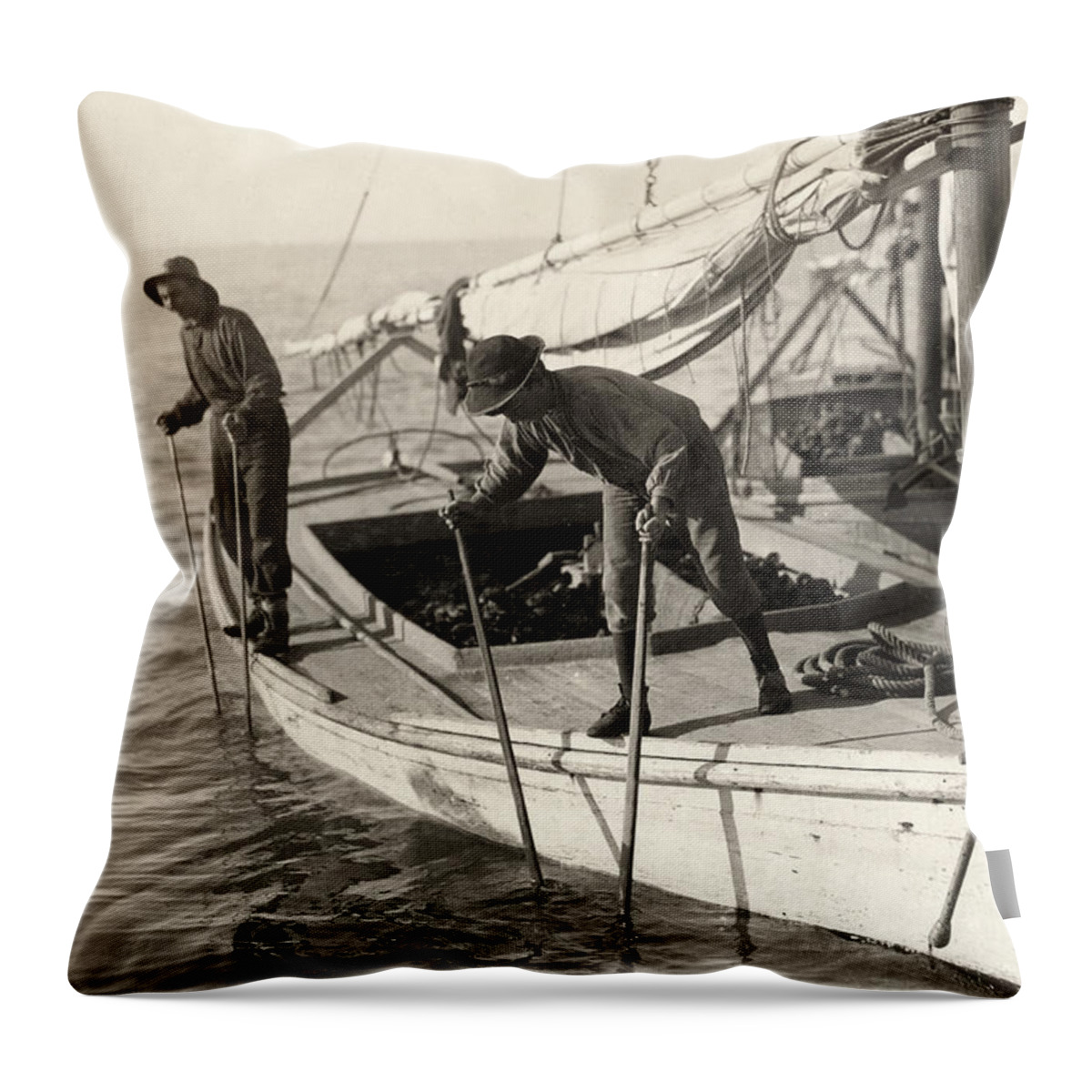 1911 Throw Pillow featuring the photograph Hine Oyster Fishing, 1911 by Granger