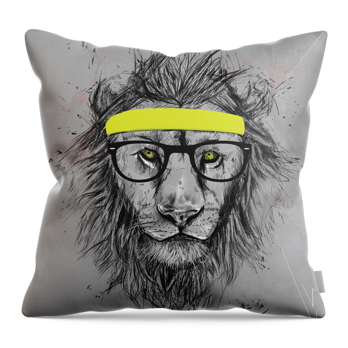 Lion Throw Pillow featuring the drawing Hipster lion by Balazs Solti
