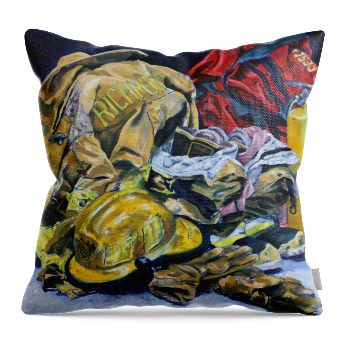 Fire Throw Pillow featuring the painting His Gear by Allison Fox