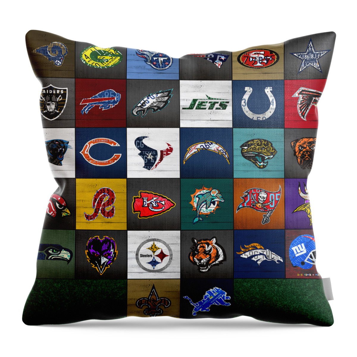 Hit Throw Pillow featuring the mixed media Hit the Gridiron Football League Retro Team Logos Recycled Vintage License Plate Art by Design Turnpike