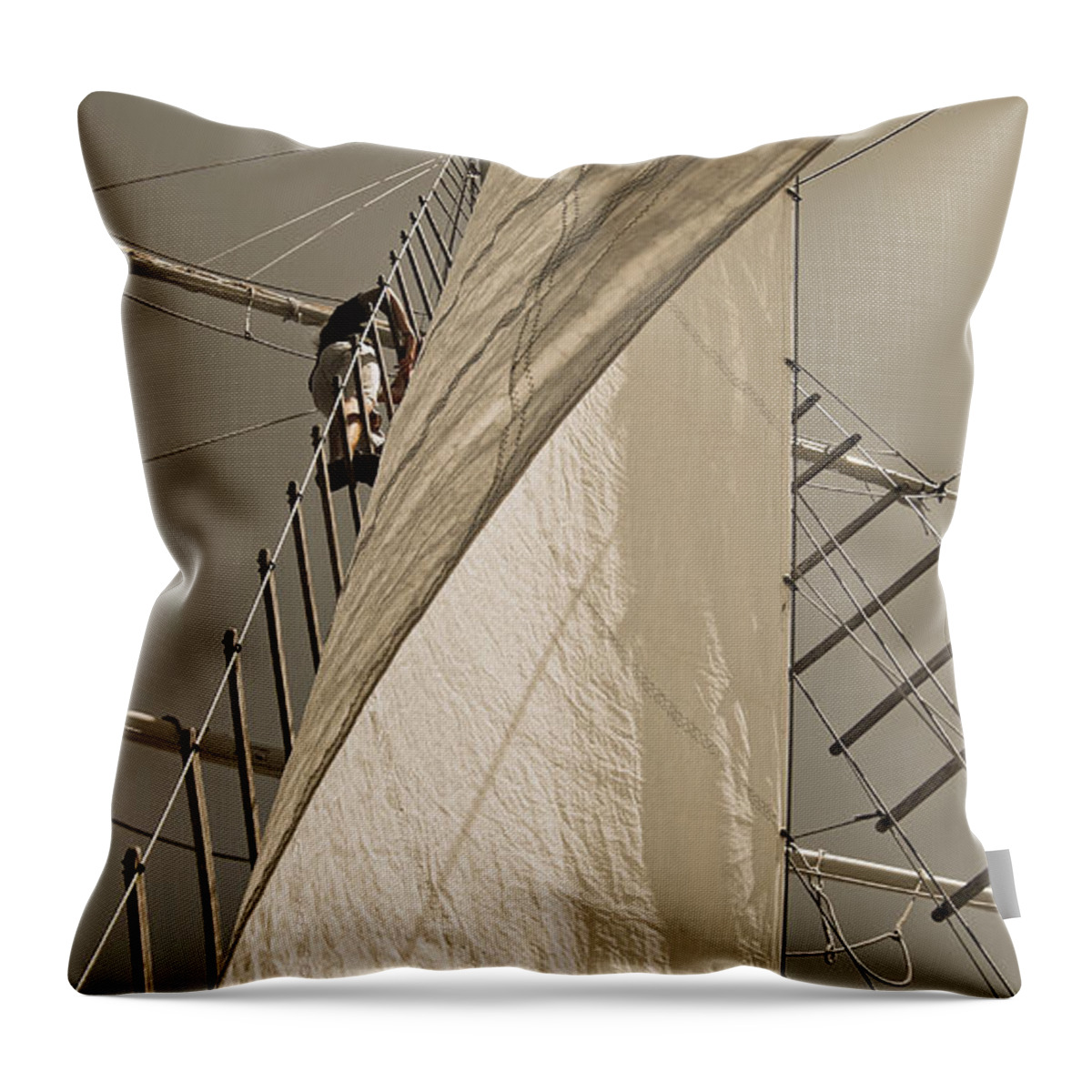 Schooner Throw Pillow featuring the photograph Hoisting The Mainsail In Sepia by Jani Freimann