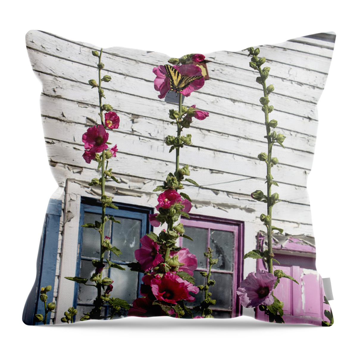 Flowers Throw Pillow featuring the photograph Hollyhocks and Butterfly by Cathy Anderson