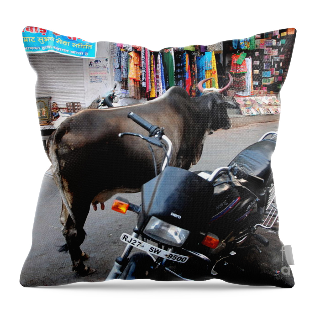 India Throw Pillow featuring the photograph Holy Cow and Motorcycle by Jacqueline M Lewis