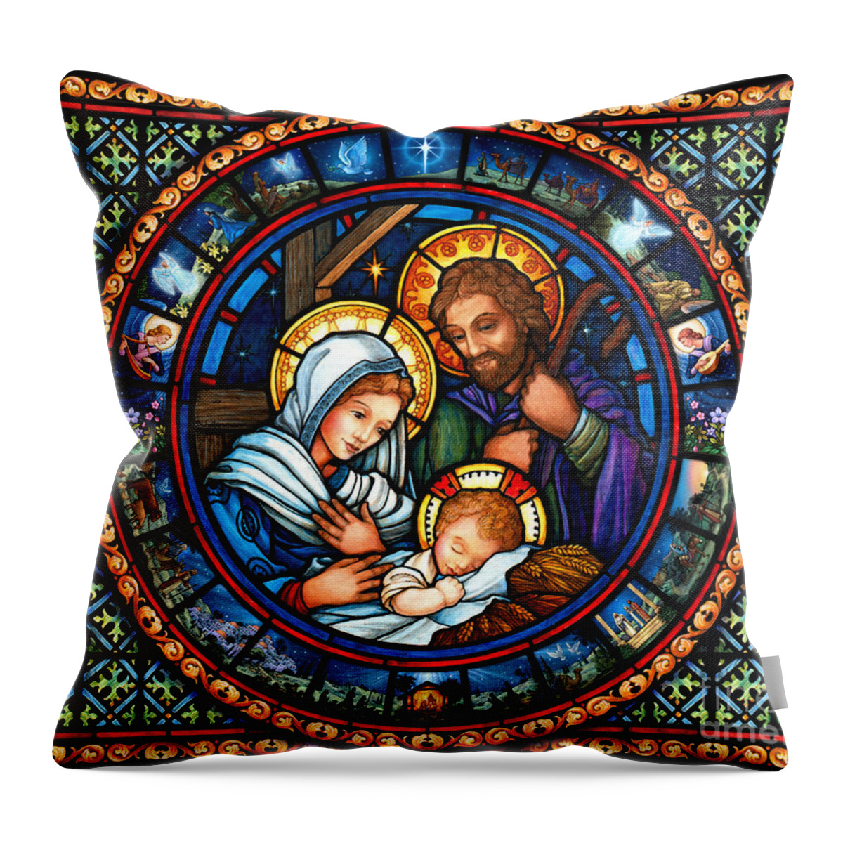 Holy Throw Pillow featuring the painting Holy Family Christmas Story by Randy Wollenmann