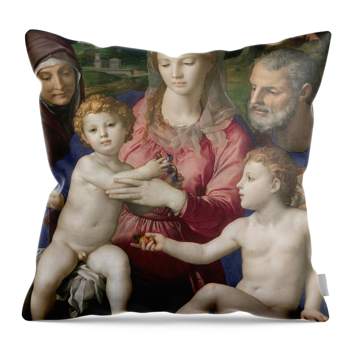 1545-1546 Throw Pillow featuring the painting Holy Family with St. Anne and the Infant St. John by Agnolo Bronzino