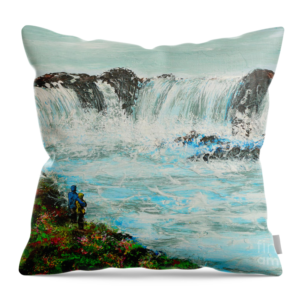 Waterfall Throw Pillow featuring the painting Honeymoon At Godafoss by Alys Caviness-Gober