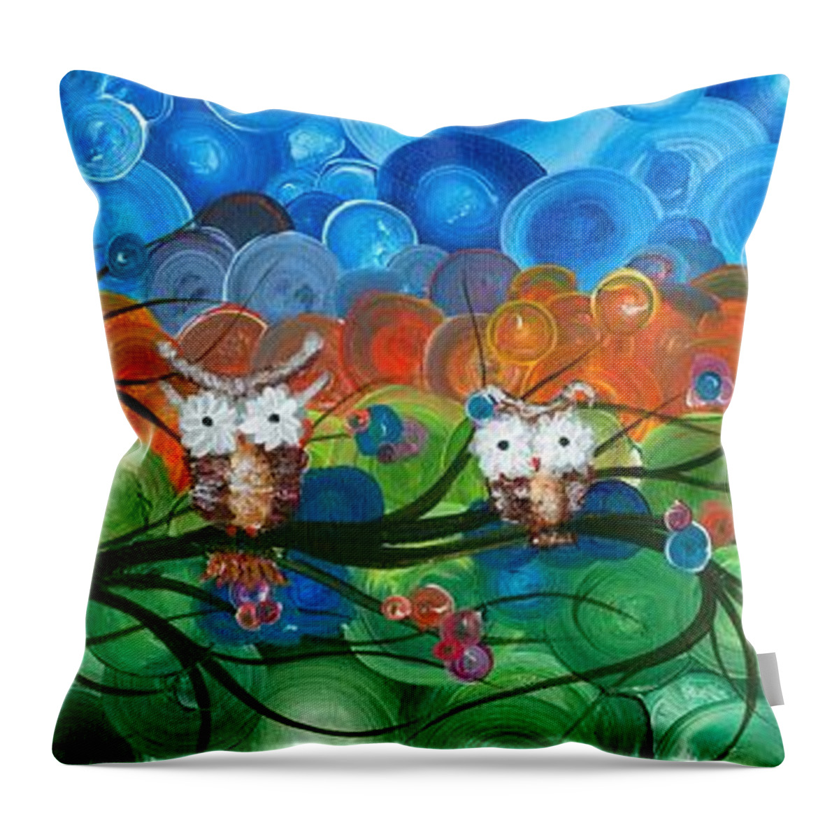 Owls Throw Pillow featuring the painting Hoolandia Family Tree 03 by MiMi Stirn