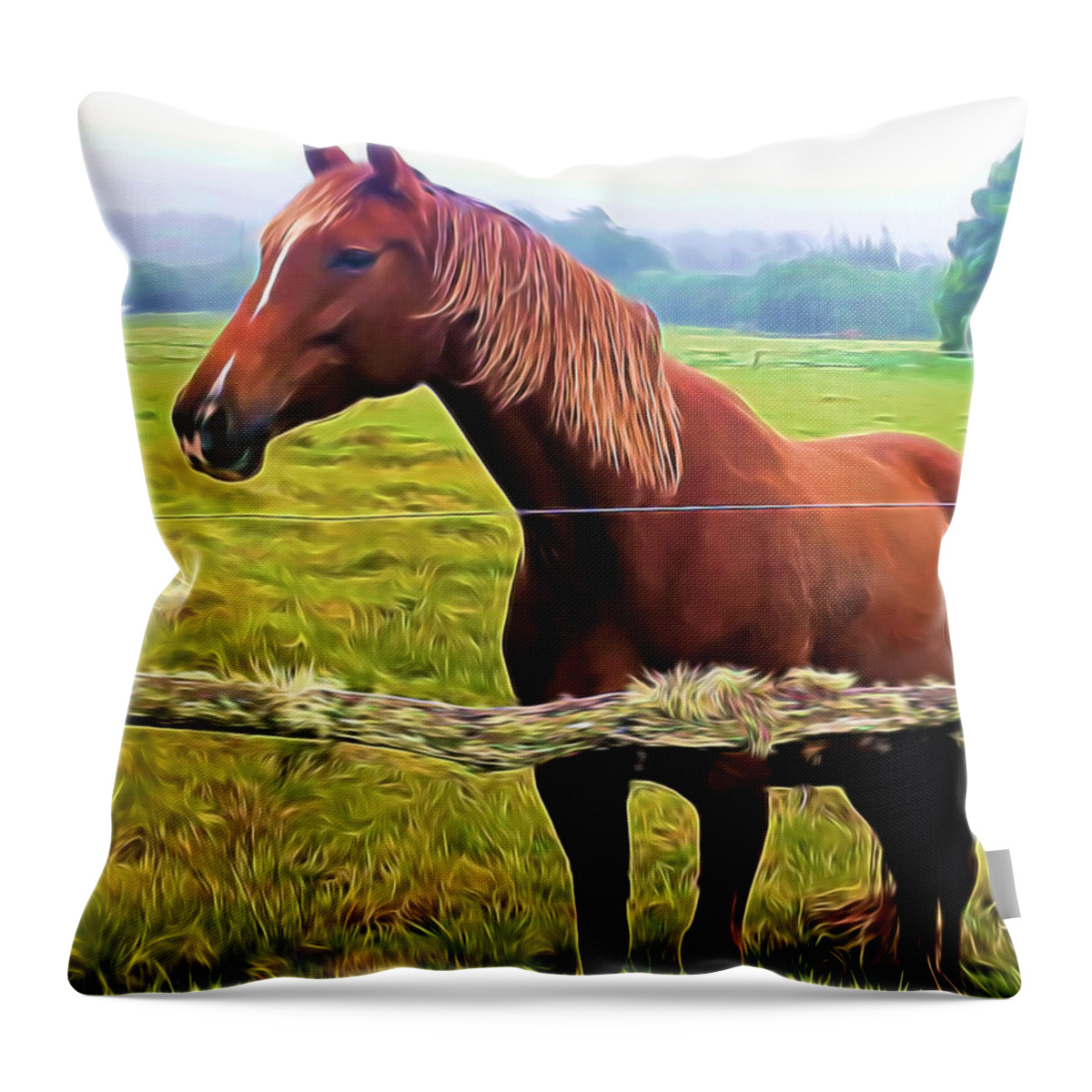 Horse Throw Pillow featuring the mixed media Horse in the Pasture by Pamela Walton