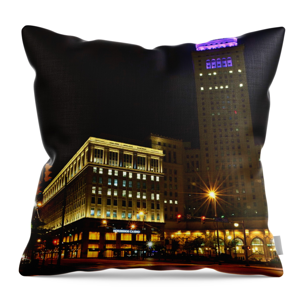Casino Throw Pillow featuring the photograph Horseshoe Casino Cleveland by Frozen in Time Fine Art Photography