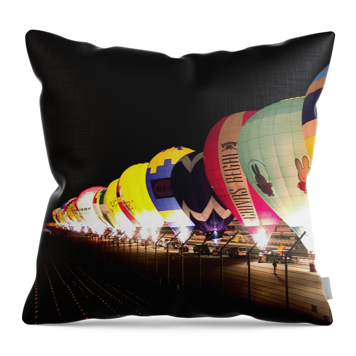 Balloon Air Hot Sky Flight Fly Sport Hot Air Balloon Basket Fun Colourful Blue Transport Ballon Travel Adventure Transportation Summer Freedom Ballooning Colorful Leisure Colours High Ride Recreation Color Bright Airship Flying Throw Pillow featuring the photograph Balloon Glow by John Swartz