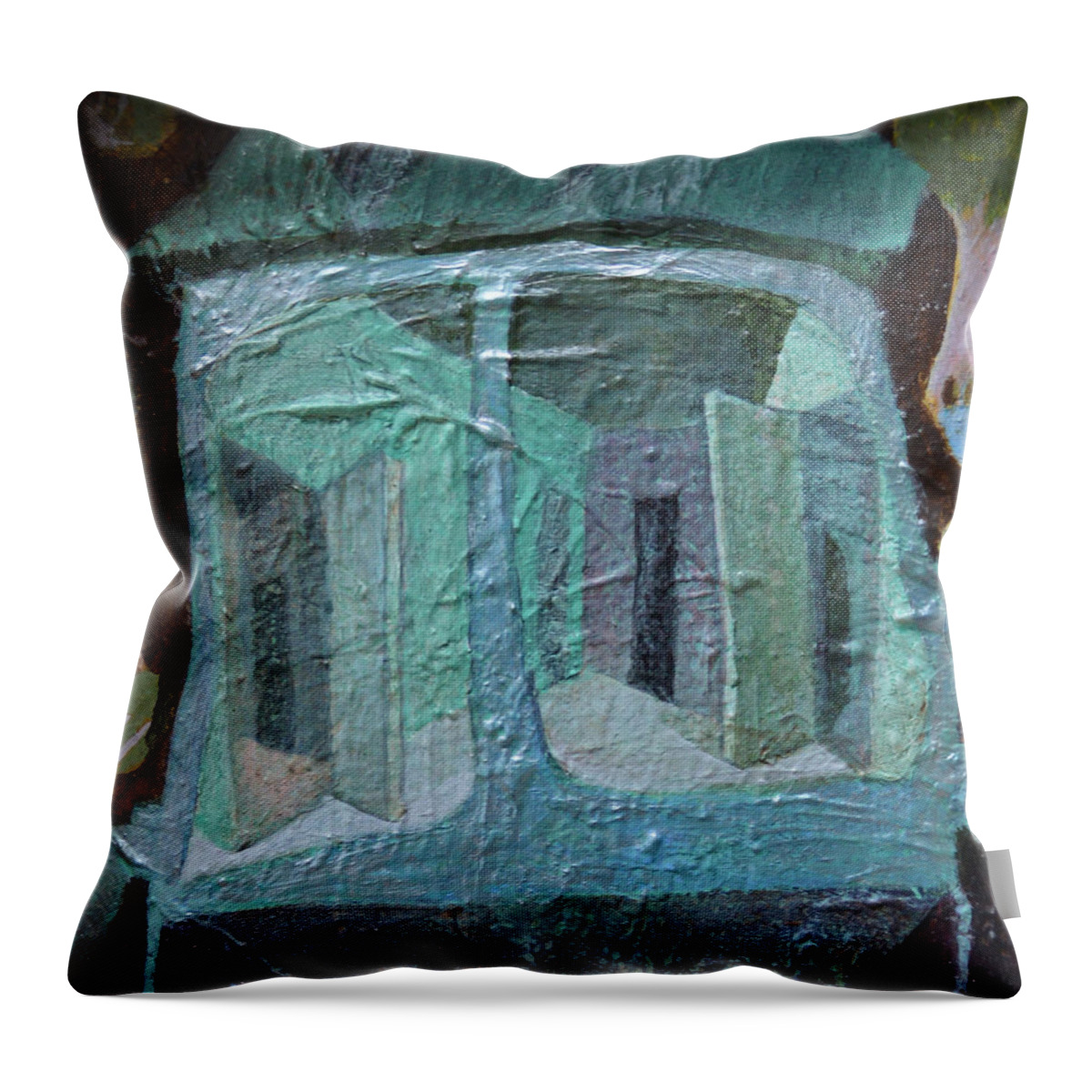 Abstract Modern Outsider Raw Folk House Blue Wheels Roof Door Trees Folk Tree Wheel Green Aqua Shapes Jade Throw Pillow featuring the painting House On Wheels by Nancy Mauerman