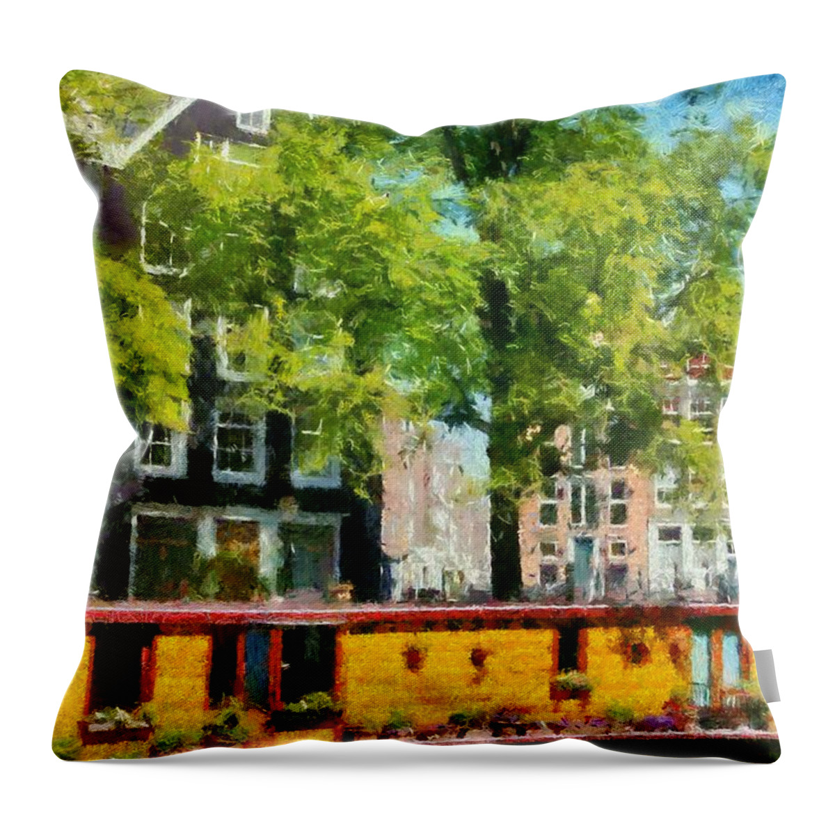 Amsterdam Throw Pillow featuring the painting Houseboat in Amsterdam by George Atsametakis