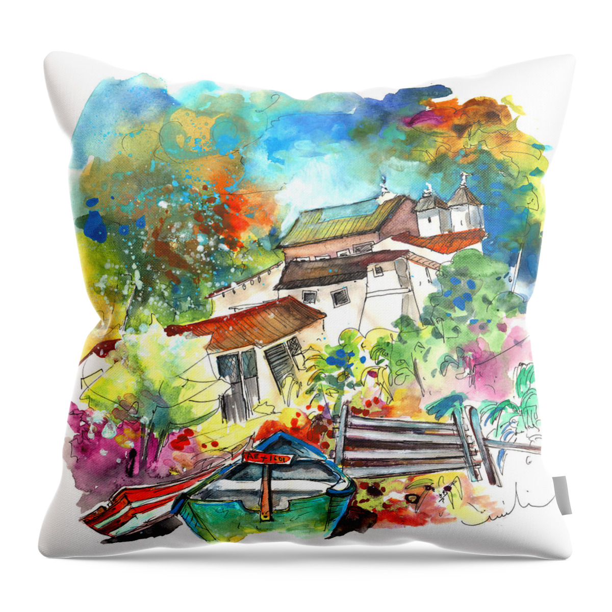 Travel Throw Pillow featuring the painting Houses in Comporta in Portugal by Miki De Goodaboom