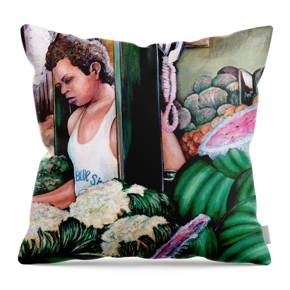 Gaye Elise Beda Throw Pillow featuring the painting How do you like those melons? Budapest Hungary by Gaye Elise Beda