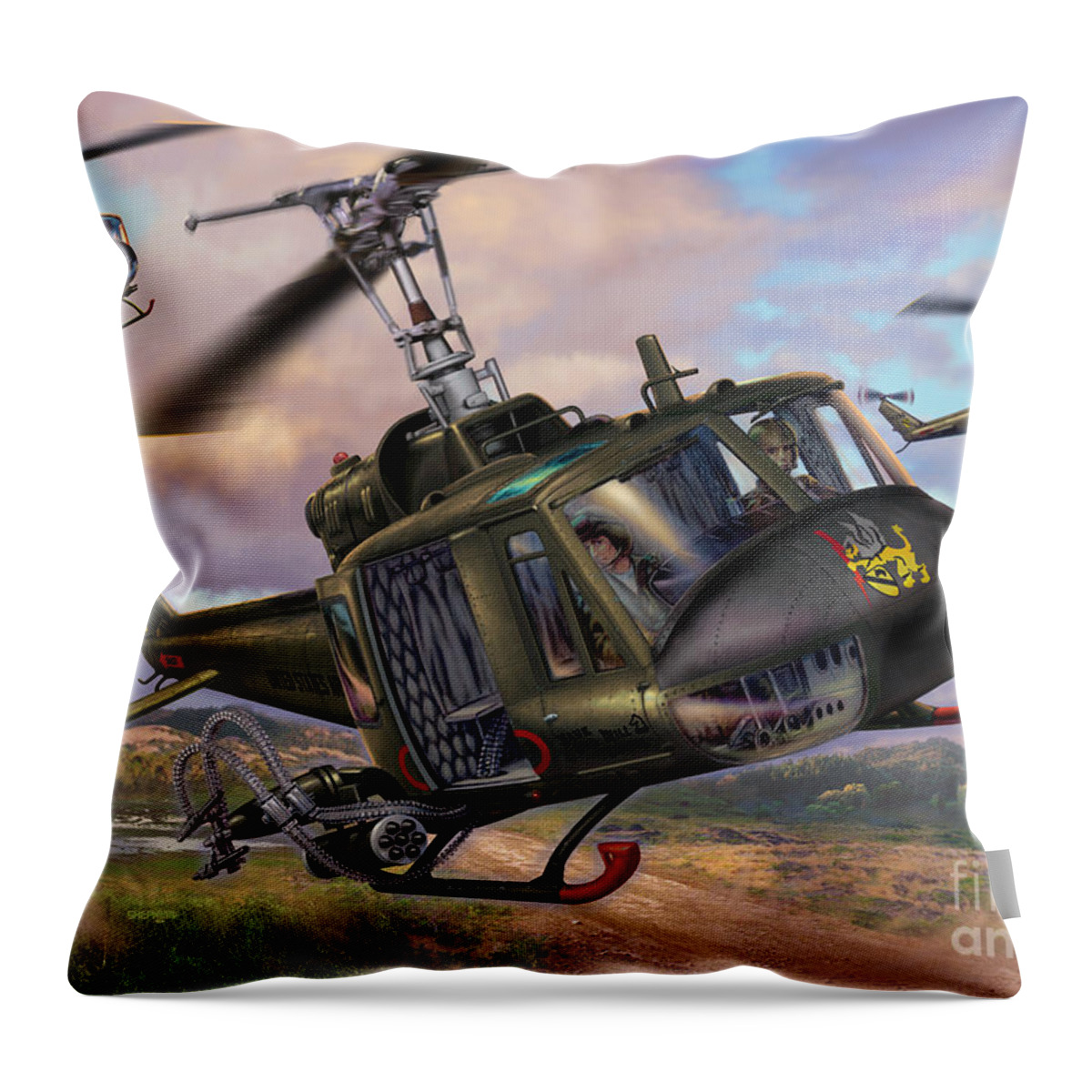 Bell Throw Pillow featuring the digital art Hueys In The LZ by Stu Shepherd
