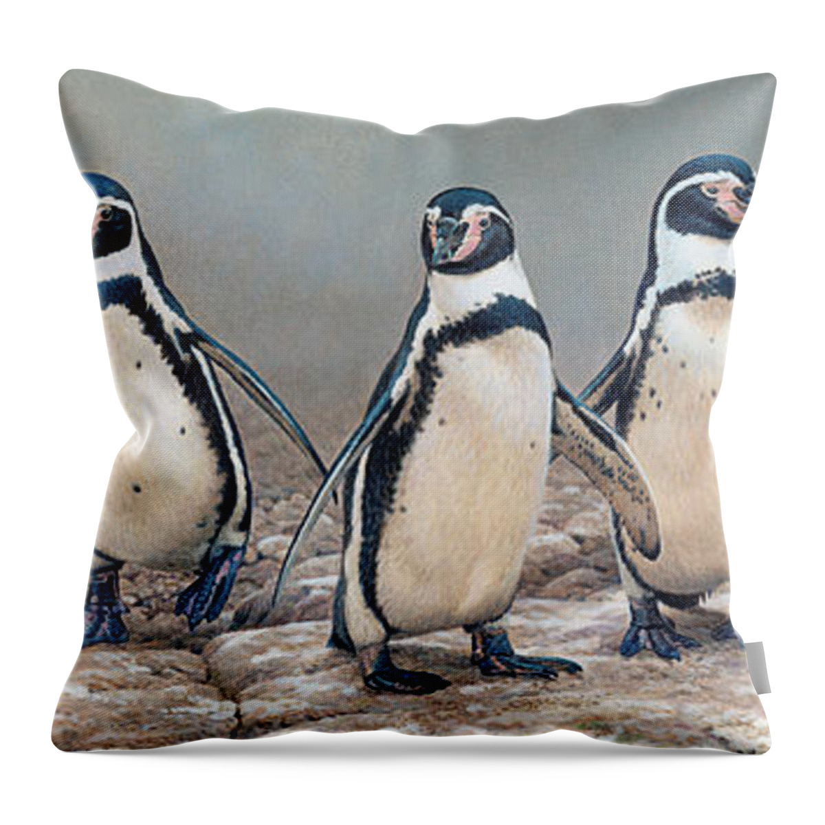 Animal Throw Pillow featuring the photograph Humboldt Penguins Standing In A Row by Ikon Ikon Images